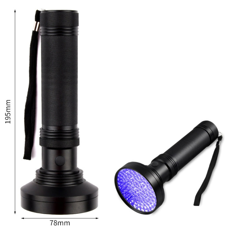 Black LED flashlight with size view and blue-lit beam; wrist strap included