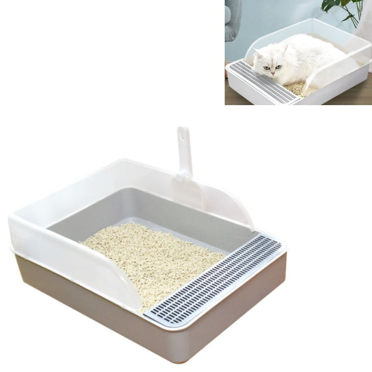 Cat litter box semi-closed square base with hinged lid and grated entry, gray-beige