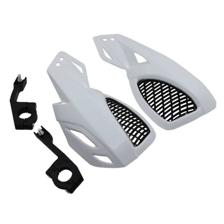 White motorcycle handguard protector set with vented metal mesh inserts and mounts