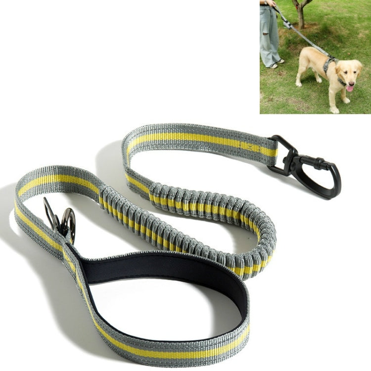 Reflective elastic dog walking rope with yellow-gray weave and black end clips