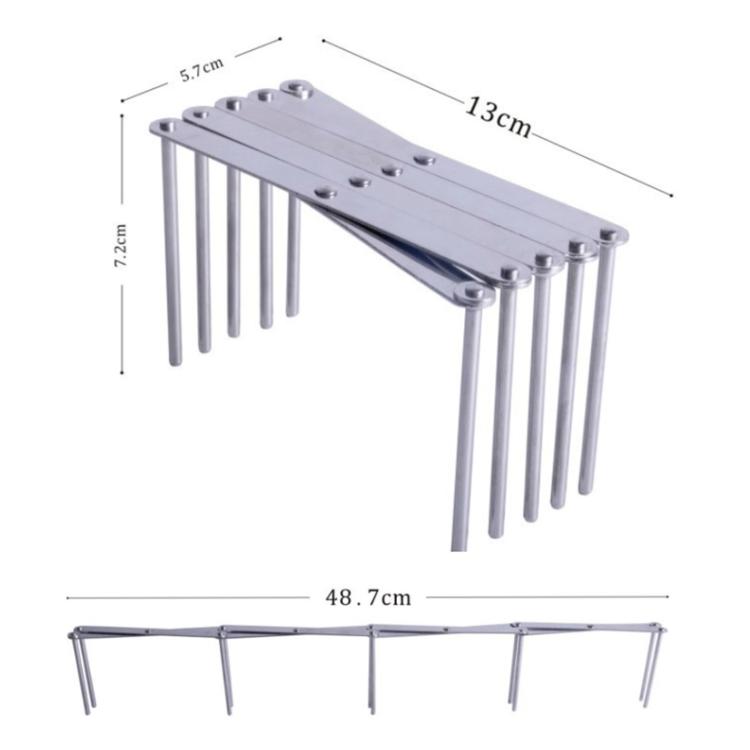 Retractable stainless steel kitchen rack with size markings and folding base structure