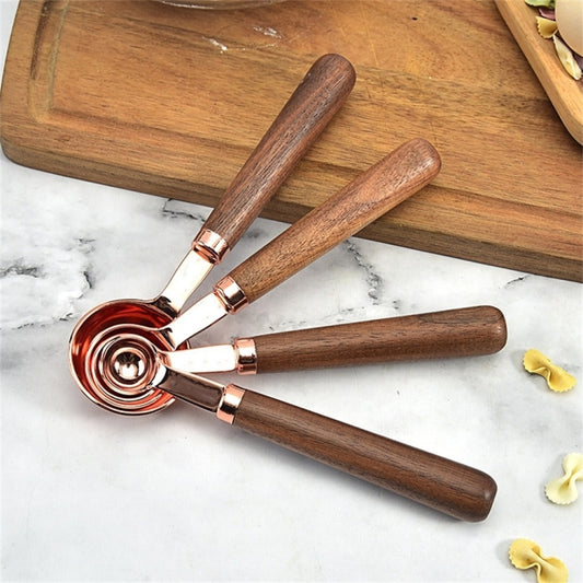 Walnut Handle Copper-Plated Kitchen Baking Tools Bartender Scale Measuring Set, 4 PCS / Set Measuring Spoon, 4 PCS / Set Measuring Cup
