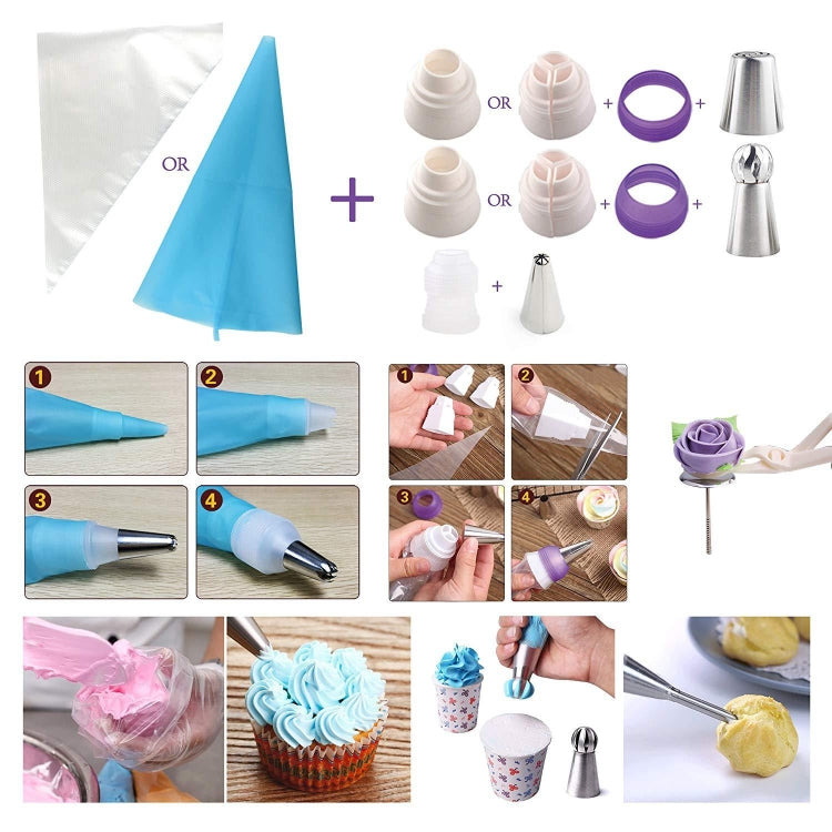 Piping decoration set instruction steps with couplers and piping bags, plus tips