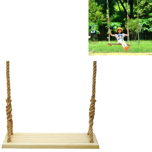 Wooden rope swing seat with two twisted tan ropes and hanging support
