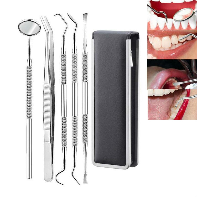 Stainless steel dental scaler tool set with multiple tips and gray storage case