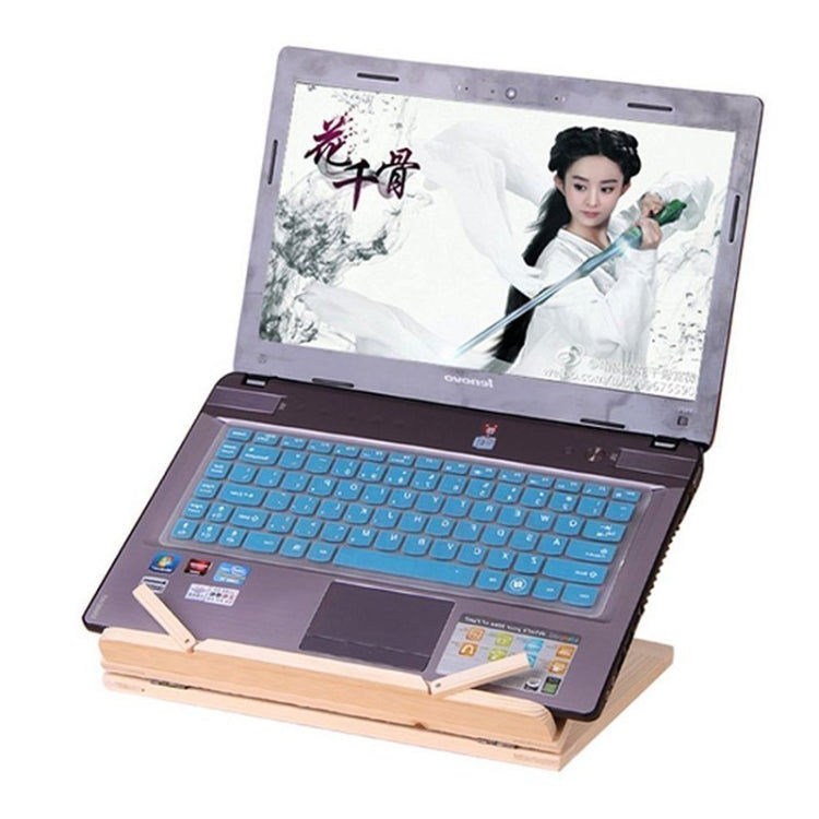 Wooden music stand holding a laptop with angled, open-frame support