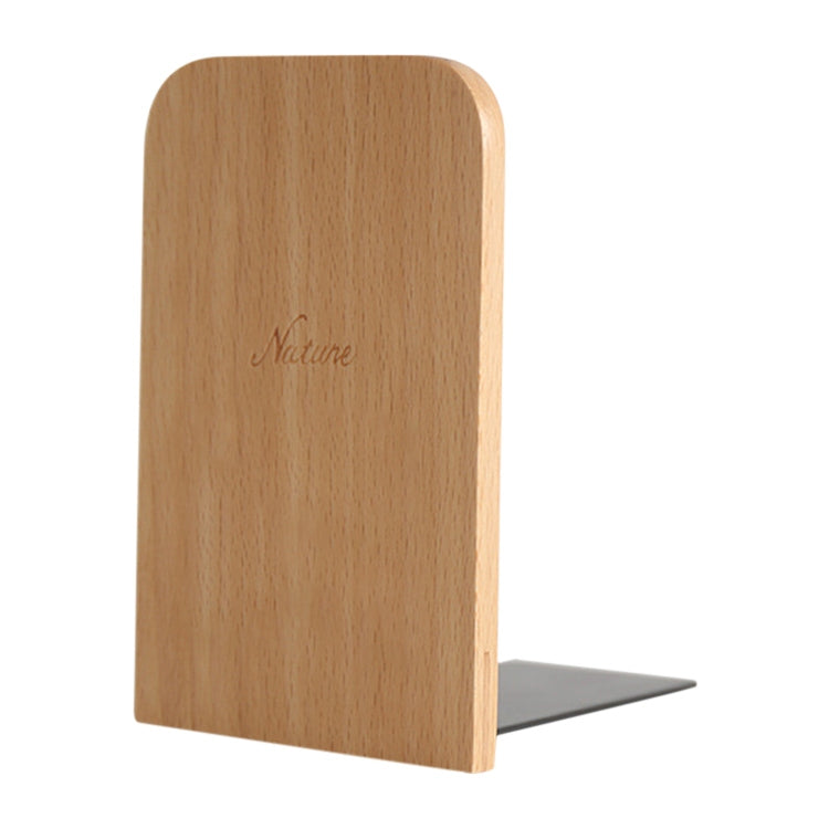 Wood bookend with rounded top, anti-skid metal base plate, and 'Nature' engraving