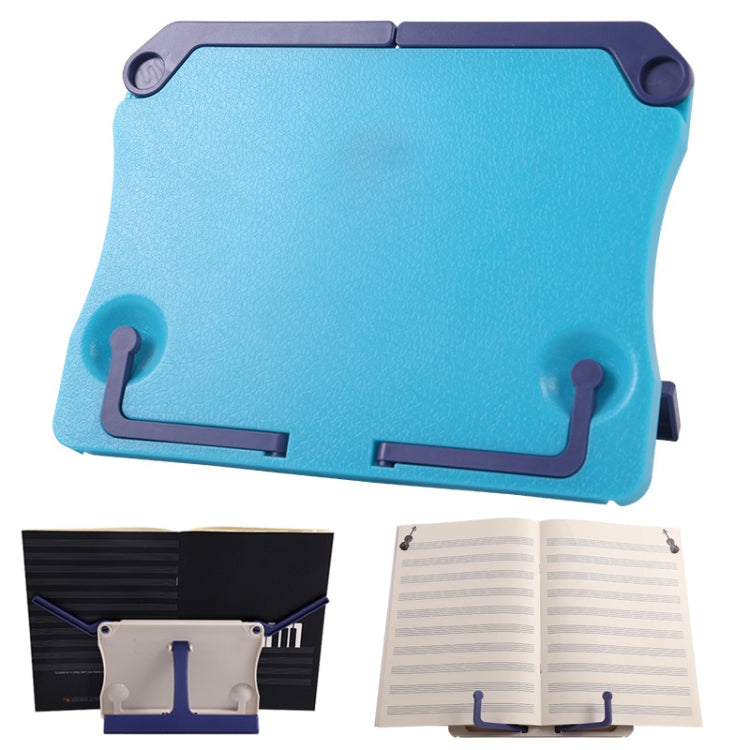 Blue foldable desktop music stand with blue side supports for sheet music
