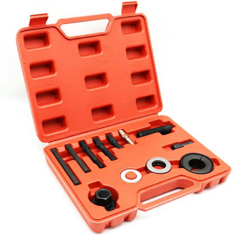 Orange 12-piece power steering pulley disassembly tool set in case, tools visible