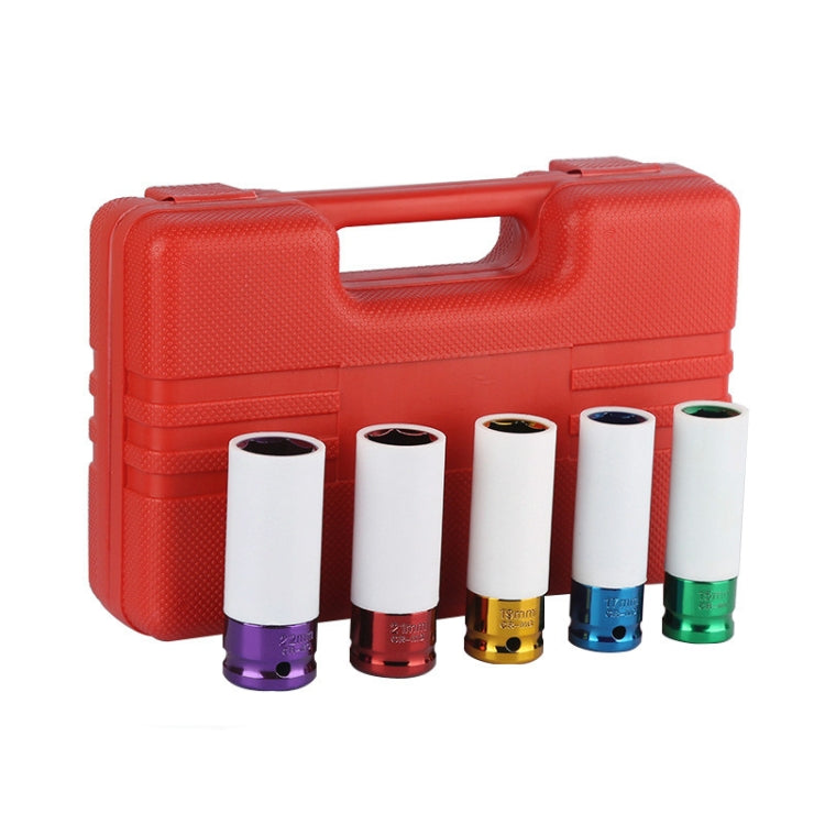Red carrying case with five colored impact sockets and white sleeves