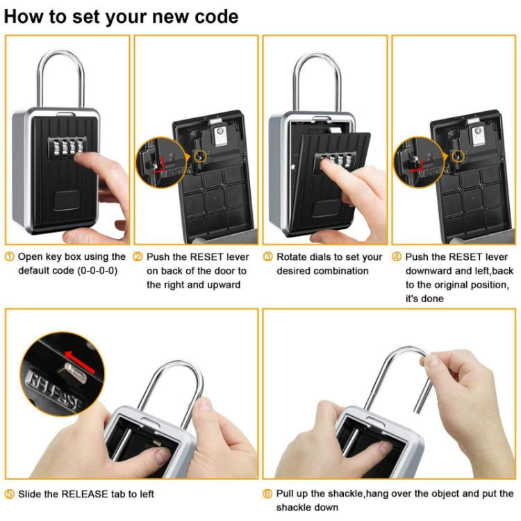 Metal combination key box keypad with reset and code-setting steps shown by hand
