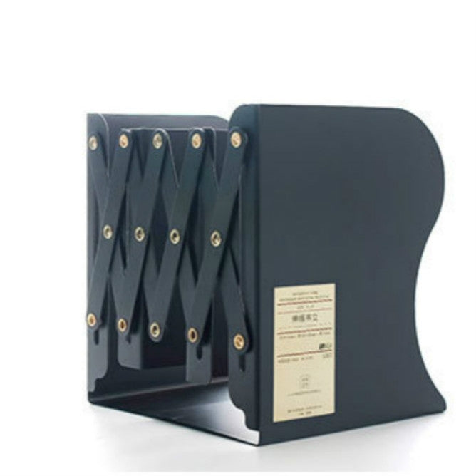 Dark metal bookend stand with crisscross panel holding books