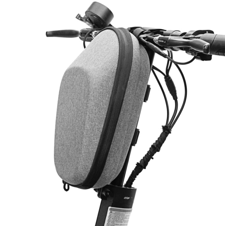 Gray hard-shell electric scooter front bag with zipper and mounting straps