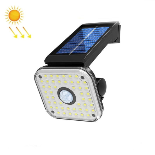 Solar wall light with solar panel, LED array, and round motion sensor