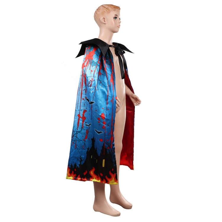 Kids Halloween cloak dress side view, blue haunted print with black cape hood and red lining