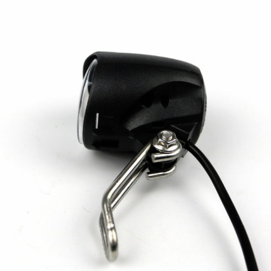 Black LED headlight with metal clamp mount and attached cable.