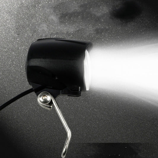 Black LED headlight with mounting bracket and fork for bicycle or e-scooter.