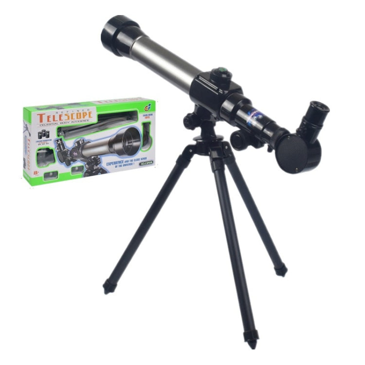 Children telescope set with black tripod and silver tube beside retail box