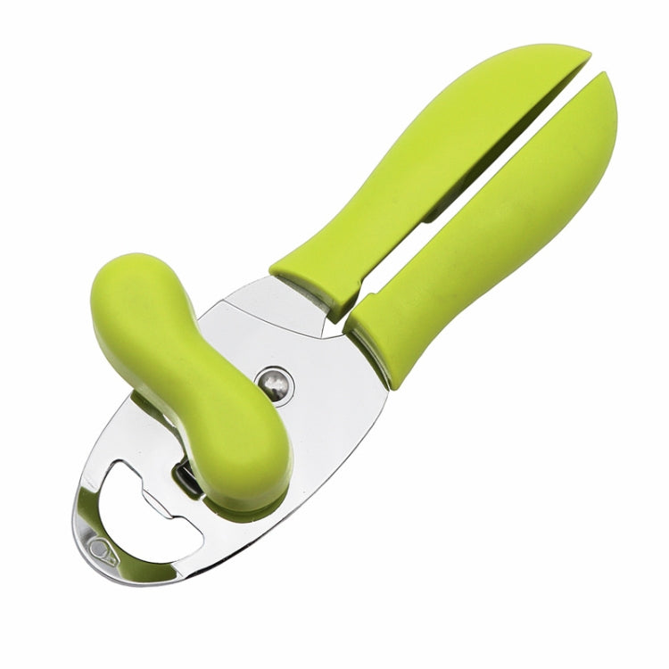 Green handheld can opener with curved blade and ergonomic grip handles