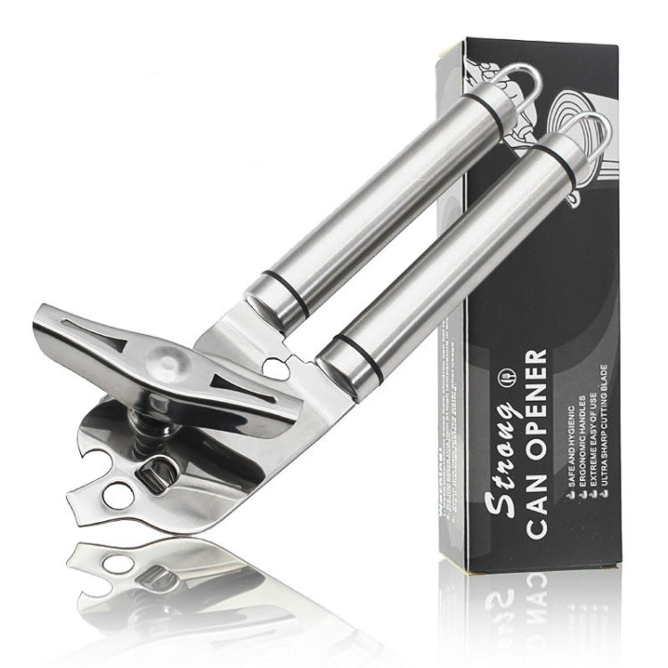 Stainless steel bottle opener with black stripe handles, shown with retail box packaging