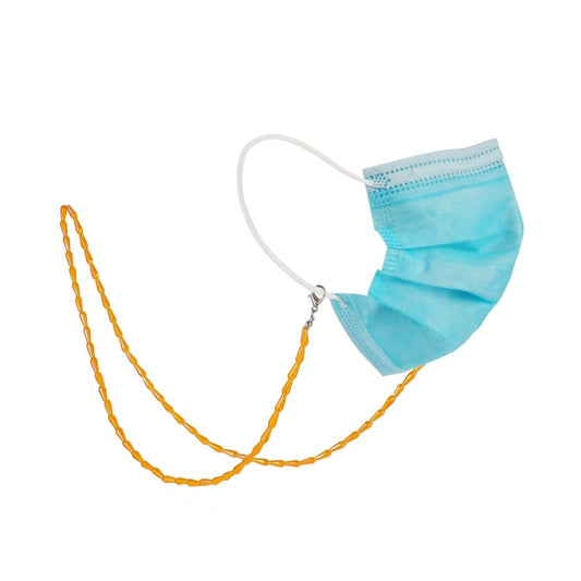 Orange faceted bead mask lanyard necklace with silver hooks, holding a blue mask