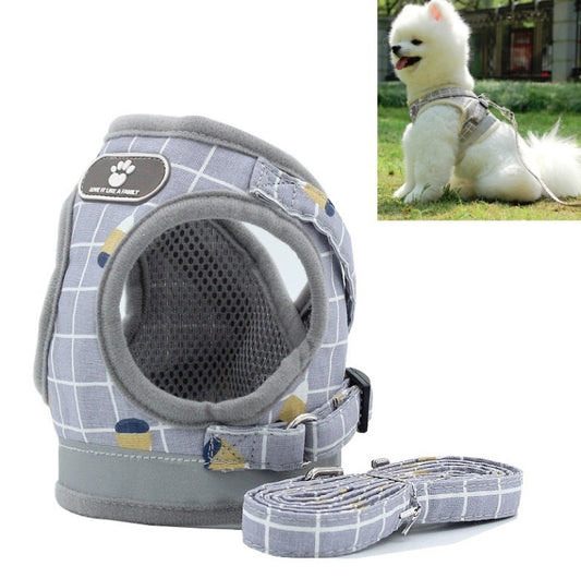 Gray padded pet chest harness vest with mesh opening and folded leash strap