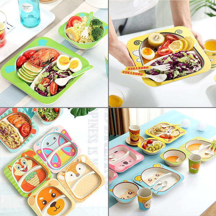 Assorted animal cartoon bamboo kids tableware sets with plates, cups, and utensils