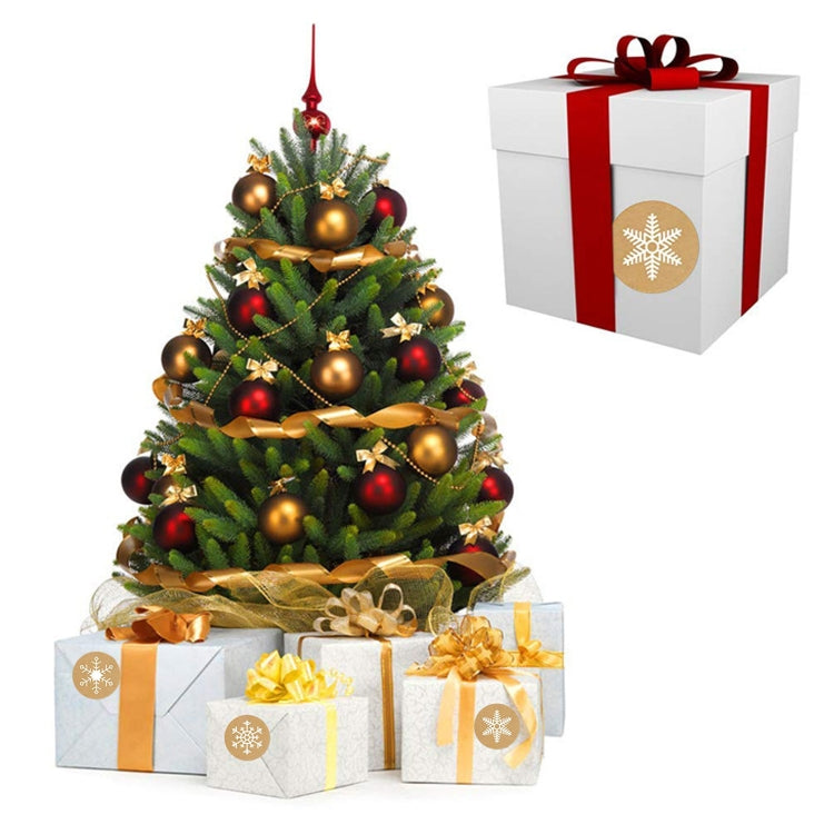 Christmas sticker labels with white snowflakes on gift boxes and wrapped presents