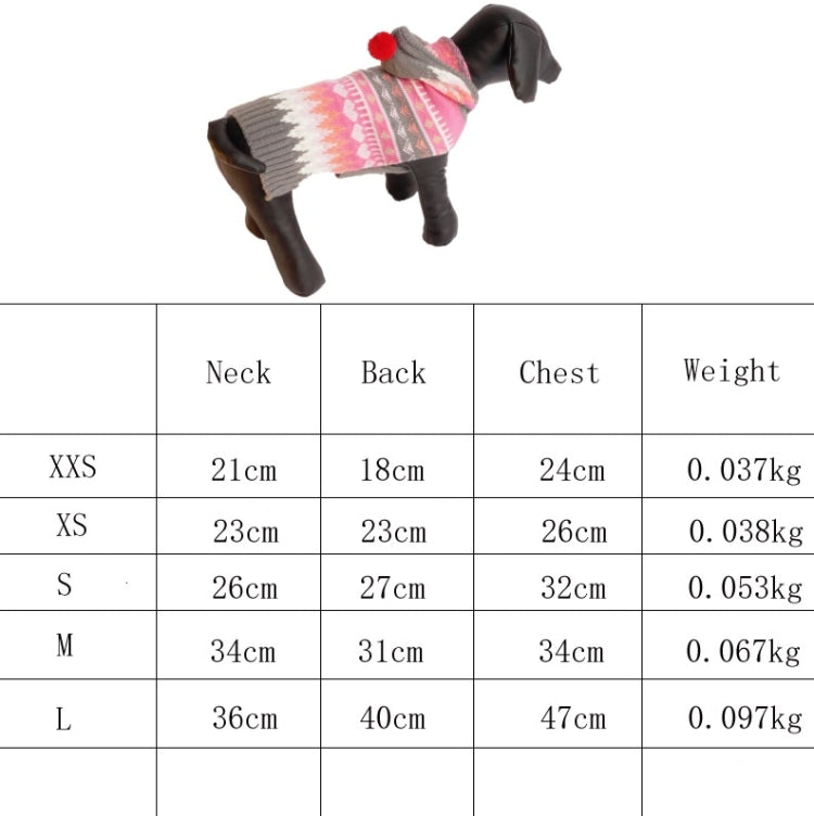 Pet sweater size chart table showing Neck, Back, Chest, Weight for XXS–L