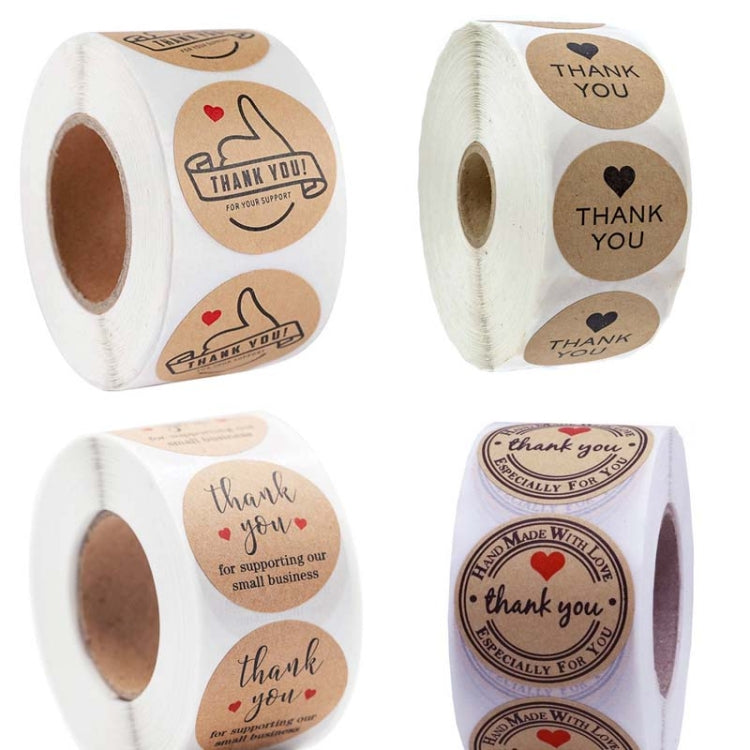 Set of kraft thank-you sticker rolls with assorted heart thank you round labels
