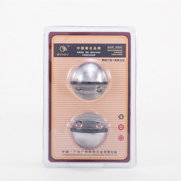 Stainless steel door stop set in retail package, showing two mounted stops.