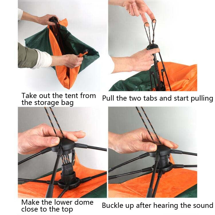Outdoor pet tent being set up; hands pull tabs and lock the black frame