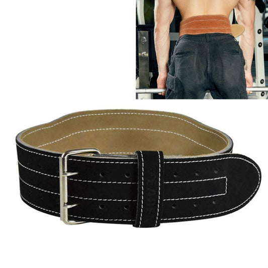 Black leather weightlifting belt with silver buckle and contrast stitching