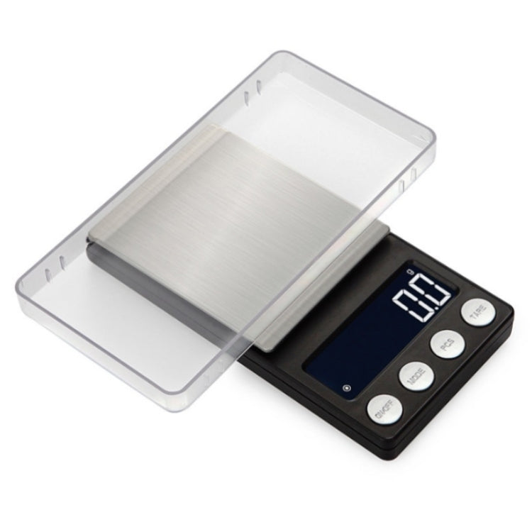 Mini digital electronic scale with clear cover and stainless platform, blue LED number readout