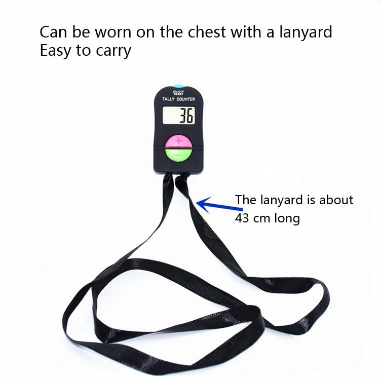 Black digital tally counter with black lanyard, chest-wear style and LCD count display