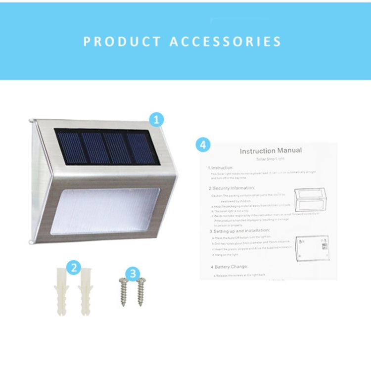 Stainless steel solar stair wall light kit with mounting hardware and instruction manual