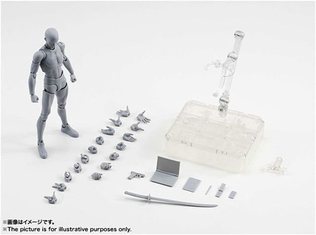 Grey PVC articulated action figure with clear display base and multiple small parts