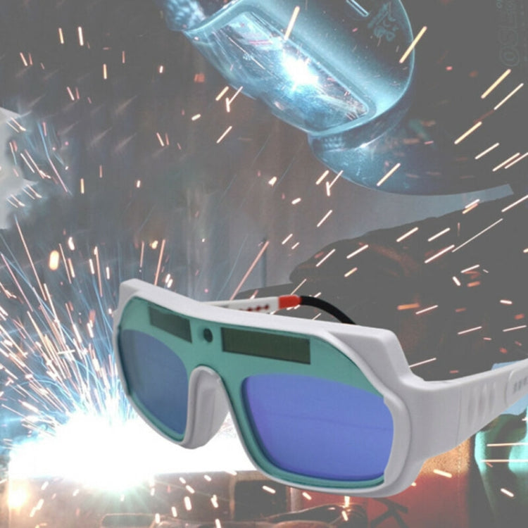 Automatic dimming welding glasses with white frame and blue-purple lenses