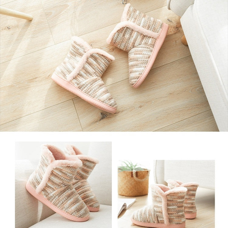 Beige knit indoor slippers with pink fuzzy trim, shown from different angles.