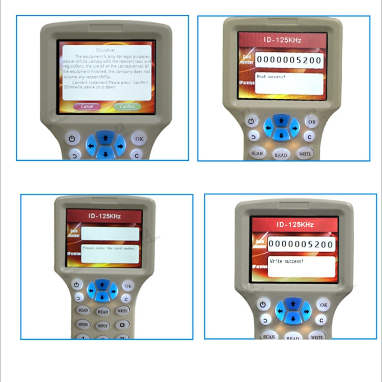 Multiple views of handheld RFID card duplicator with red LCD and blue keypad