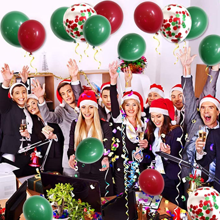 Holiday balloon decorations with green, red, and white confetti-print balloons