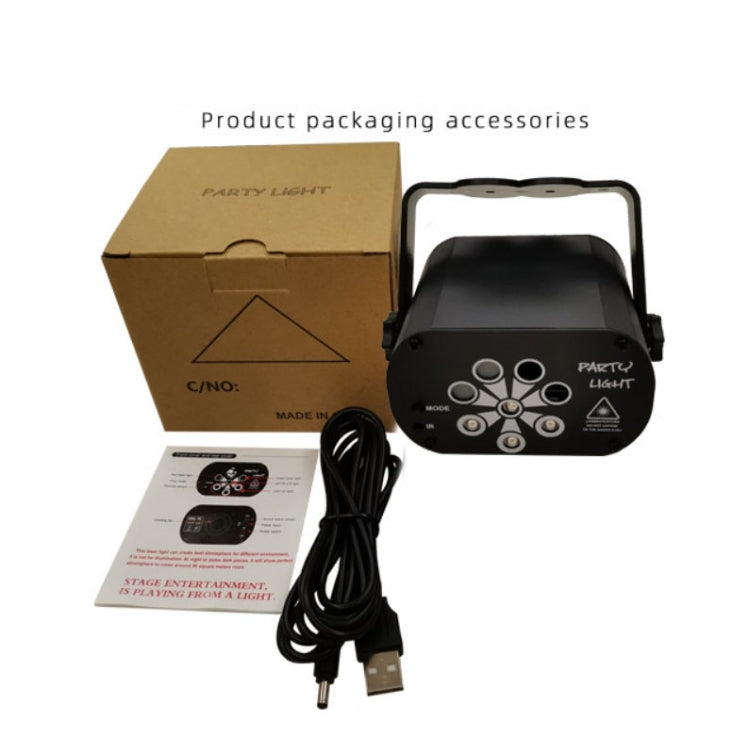 Black laser stage light with remote, USB cable, and product packaging box