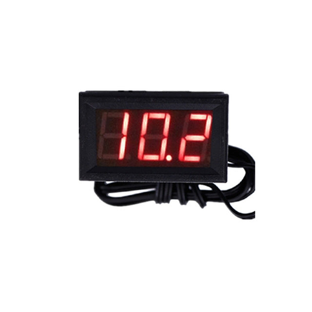 Digital LED temperature meter with red display and black probe wires