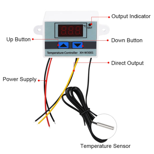 XH-W3001 Digital LED Temperature Controller Arduino Cooling Heating Switch Thermostat NTC Sensor, 12V, 24V, 220V, Probe line