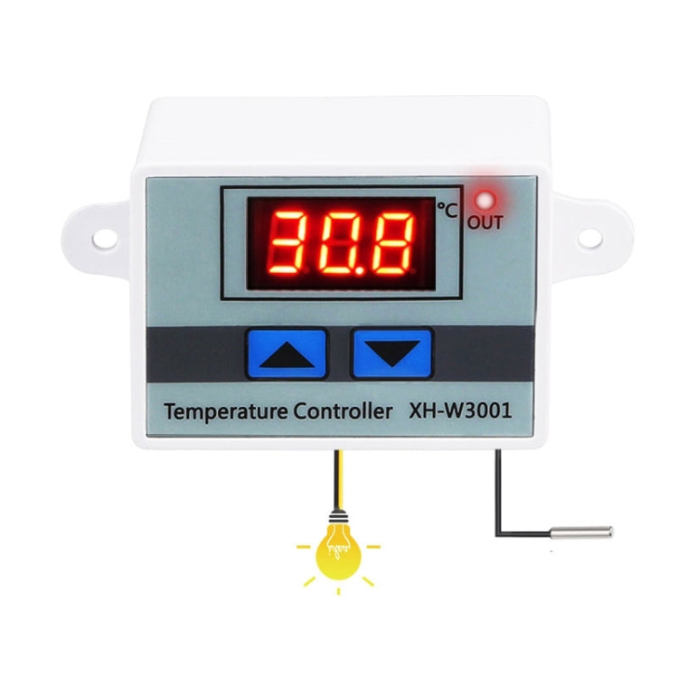 Temperature controller with red LED display, blue buttons, and temperature sensor connection