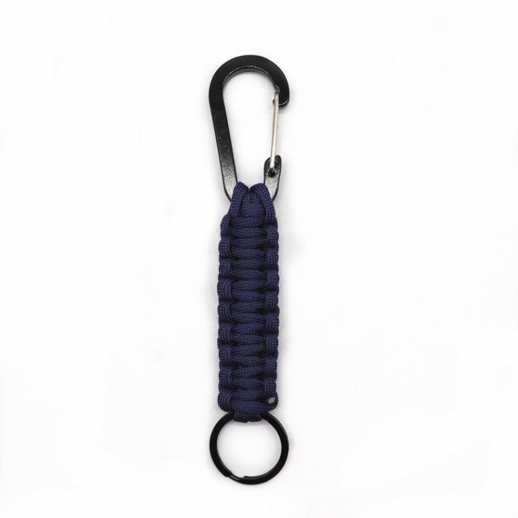 Nylon umbrella rope carabiner key chain with dark blue braided strap and metal clasp