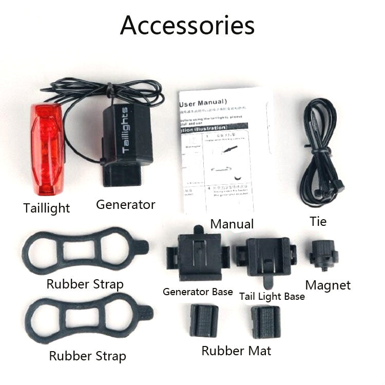 Magnetic induction taillight kit: generator, cables, rubber straps, magnet, mounting bases