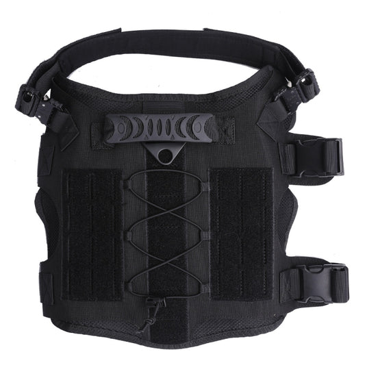 Black dog vest front panel with mesh sections, harness straps, and buckle closures