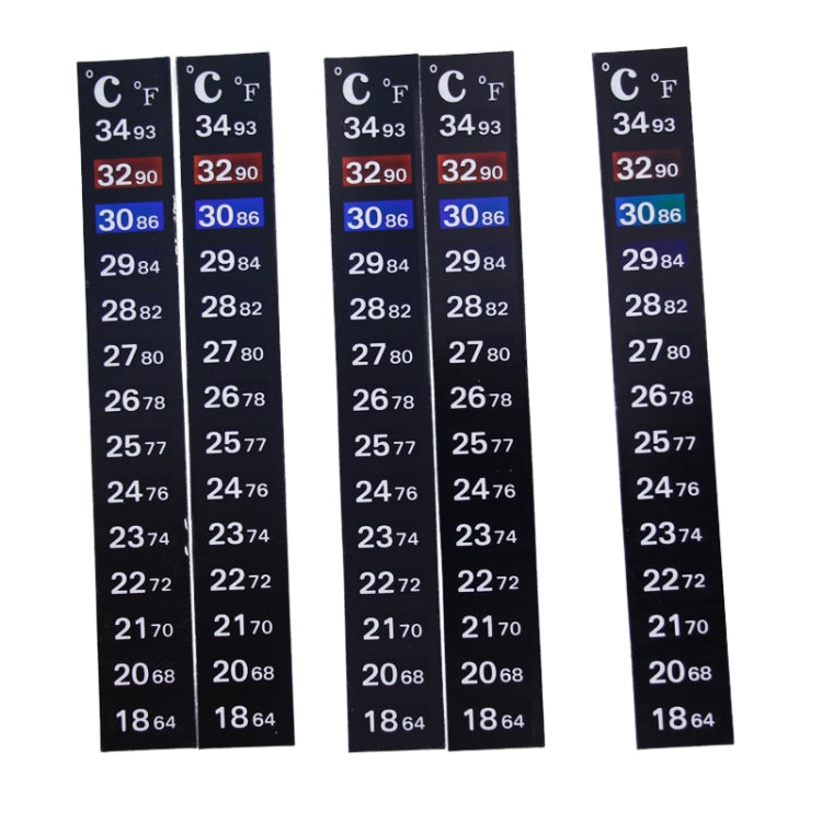 Multiple black aquarium temperature sticker strips with C/F temperature scale