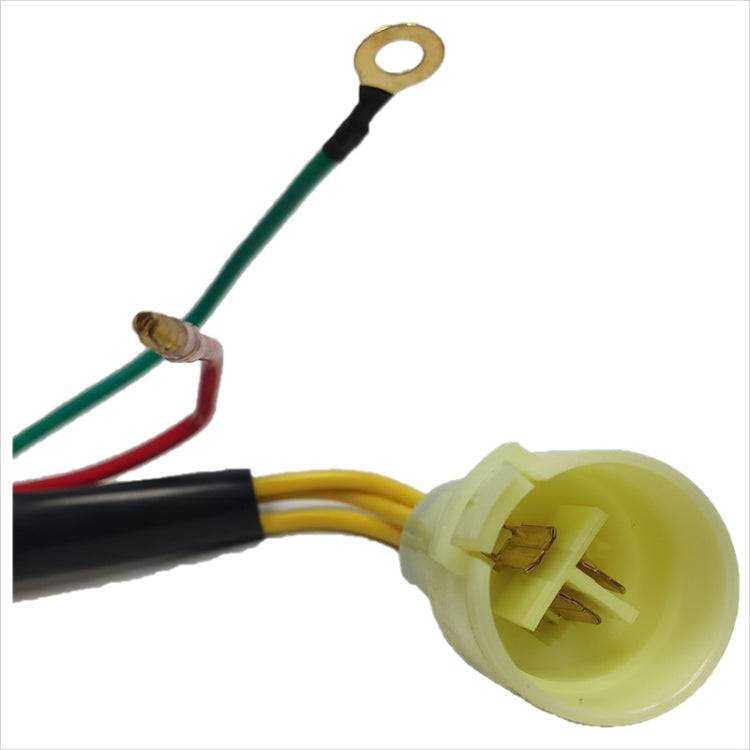 Motorcycle rectifier wiring connector with round yellow plug and attached ring terminal